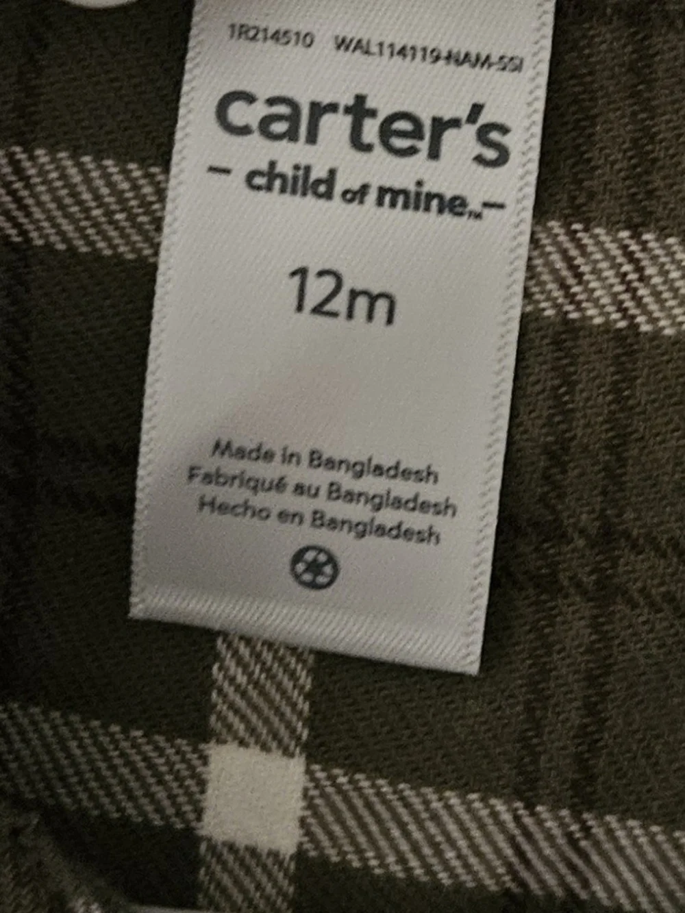Carter’s Child of Mine Baby Boy 12M Olive Plaid Flannel Button-Up Bodysuit